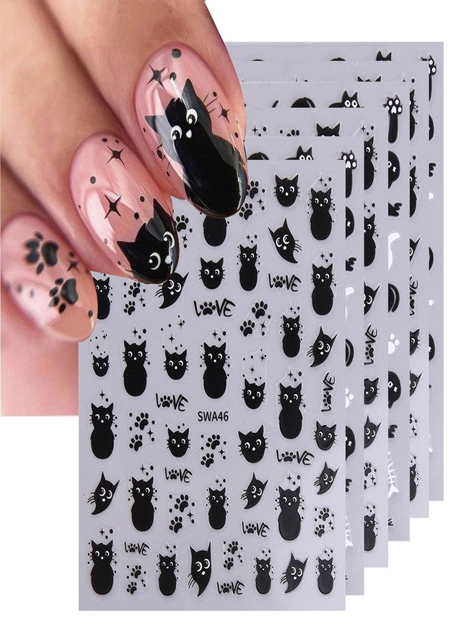 GRITOSE 6 Sheets Black Cat Nail Art Stickers Cute Animal Nail Stickers for Nail Art 3D Self-Adhesive Nail Decals Cute Funny Black Cat Sticker Design Holiday Nail Supplies for Women - Image 1